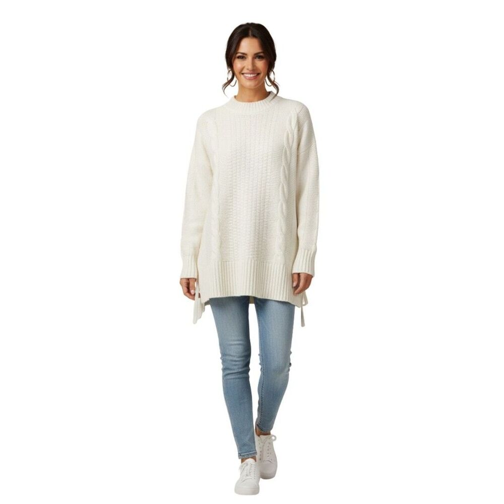 Women's Cream Cable Crewneck Sweater with Side Ties
